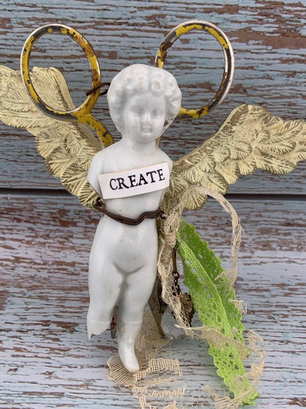 CREATE Broken Frozen Charlotte Porcelain Doll Angel Scissors Assemblage Art